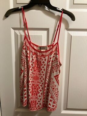 Flying Tomato Red and White Printed Tank with Geometric Motif